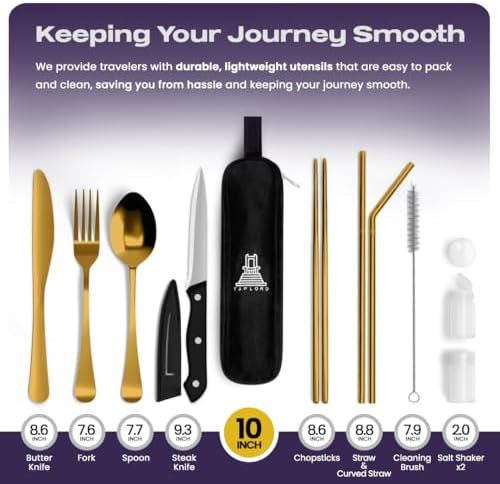 Taplord Portable Travel Silverware Set With Case, Includes 10 Pcs of Travel Utensils With Case, Stainless Steel Flatware Set For Camping, Lightweight (Gold) - Image 2