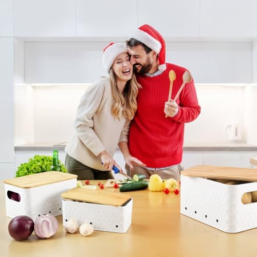 Kitchen Vegetable Storage Set of 3, Metal Onion Garlic Potato Storage Set, Kitchen Canisters Vegetable Keeper Containers with Aerating Holes and Bamboo Lid,Embossed White - Image 7