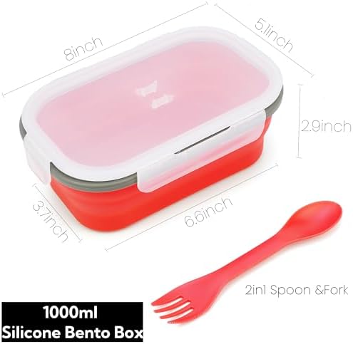1000ml Collapsible Bento Lunch Box - Silicone Food Storage Container, Foldable Food Container with 2-in-1 Spoon Spork and Airtight Lid, Microwave Safe, Red - Image 2