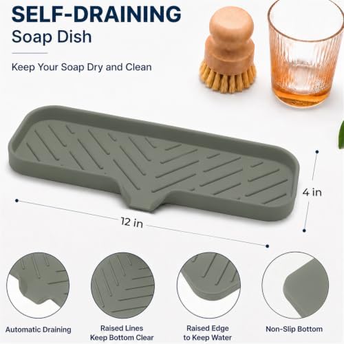 MicoYang Silicone Soap Dish with Drain Spout — Self-Draining Double Sink Organizer Tray for Kitchen & Bathroom, Dispensers, Sponges & Soap Holder, Non-Slip & Dishwasher Safe, Grey (Large, 12"×4") - Image 2