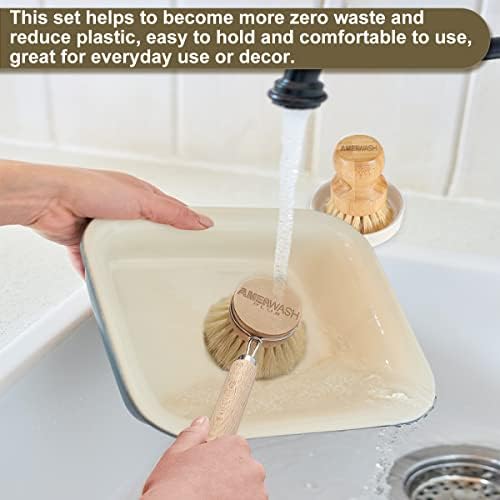 Wooden Dish Brush Set Clean Pots, Pans and Vegetable, Natural Bristles Bamboo Scrub Brushes with Ceramic Dish - 1 Long Handle Dish Brush + 2 Palm Scrubbing Brush - Image 5