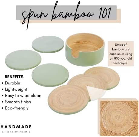 Spun Bamboo Coasters for Drinks - Coaster Set with Bamboo Wood Coasters and Coaster Holder. Modern Coasters for Coffee Table (Sage) - Image 2