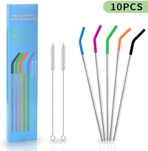 Lazycorner 10 Pcs Metal Straw Reusable 8.5" 6mm Stainless Steel Straws,20oz-32oz, Silver Drinking Straws with Silicone Tips, 4 Straw Cleaner Brush, 1 Travel Case - Image 2