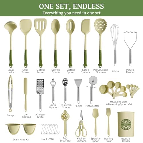 Kikcoin 43 PCS Silicone Kitchen Utensils Set, Dishwasher Safe Kitchen Cooking Utensils Set, 446°F Spatulas Silicone Heat Resistant, Non Toxic Silicone Utensils Set With Two-Tone Grip Handles, Green - Image 2