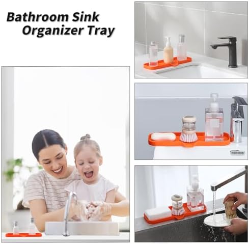 MicoYang Silicone Soap Dish with Drain Spout — Self-Draining Double Sink Organizer Tray for Kitchen & Bathroom, Dispensers, Sponges & Soap Holder, Non-Slip & Dishwasher Safe, Orange (Large, 12"×4") - Image 4