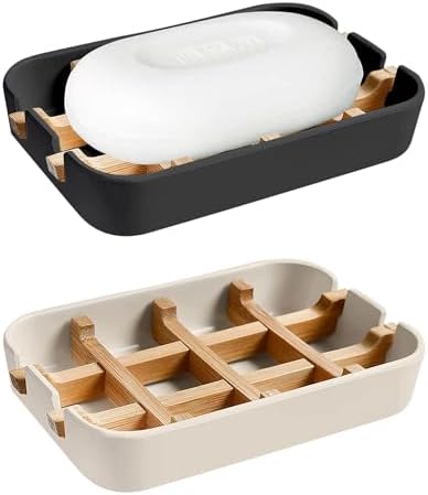 Aoheuo Modern Bamboo Fiber soap Holder and soap Dish Combination (Removable),5.12 Long by 3 Wide, 0.98 inches high, Used in Kitchens, bathrooms, and bar Sinks (Black,Off White) by Aoheuo