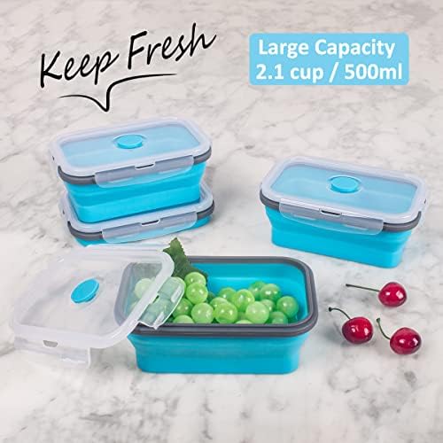 Collapsible Food Storage Containers with Airtight Lid & Air Vent, 16.9 oz, Kitchen Stacking Silicone Collapsible Meal Prep Container Set for Leftover, Microwave Freezer Dishwasher Safe, Blue, Set of 4 - Image 2