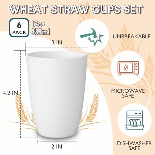 Wrova Wheat Straw Cups Set of 6 Good Alternative to Plastic Cups Reusable 12 oz Unbreakable Drinking Cup Reusable Dishwasher Safe Water Plastic Kitchen Glasses - White - Image 2