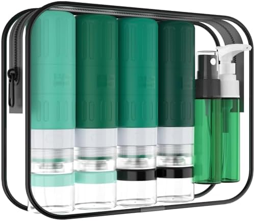 GLAMFIELDS Travel Bottles for Toiletries,TSA Approved 3.3oz Size LeakProof Silicone Toiletry Containers for Shampoo, Conditioner,Easy to Squeeze，Portable Travel Essentials for Lotion(18 Pack) Green by GLAMFIELDS