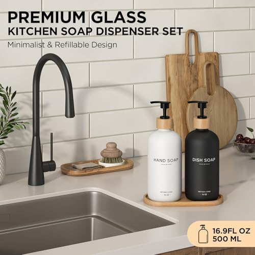 Hand and Dish Soap Dispenser Set,16oz Glass Bottles with Bamboo Pumps & Tray,Countertop Soap Dispensers for Kitchen,Luxury, Minimalist & Farmhouse Decor - Image 2