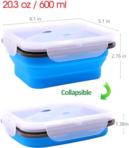 2 Pack Collapsible Silicone Bento Lunch Boxes With Lids Spoon Fork, 20.3oz, Meal Prep Food Storage Containers, Durable, Safe in Microwave, Dishwasher and Freezer, BPA Free (Blue and Pink) - Image 6