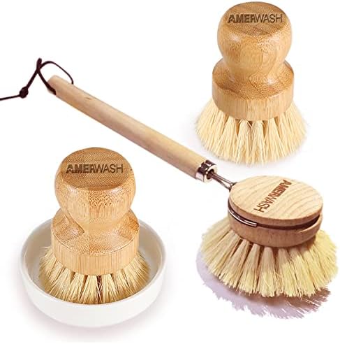 Wooden Dish Brush Set Clean Pots, Pans and Vegetable, Natural Bristles Bamboo Scrub Brushes with Ceramic Dish - 1 Long Handle Dish Brush + 2 Palm Scrubbing Brush by AMERWASHPLUS