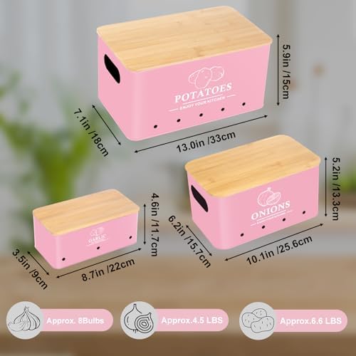 Kitchen Vegetable Storage Set of 3, Metal Onion Garlic Potato Storage Set, Kitchen Canisters Vegetable Keeper Containers with Aerating Holes and Bamboo Lid,Pink - Image 4