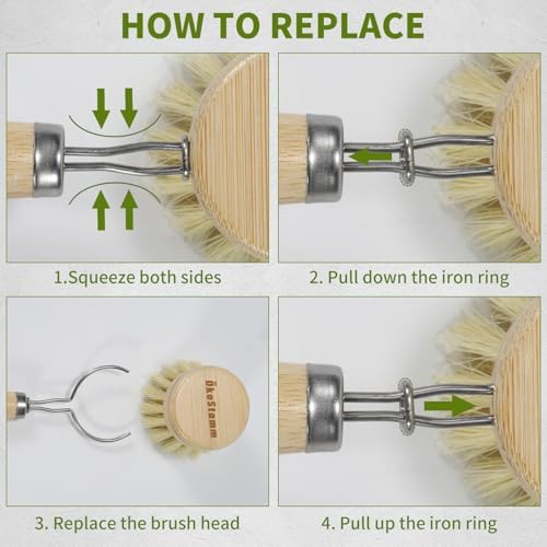 Long Handle Bamboo Dish Brush with 4 Replacement Brush Heads - Image 6