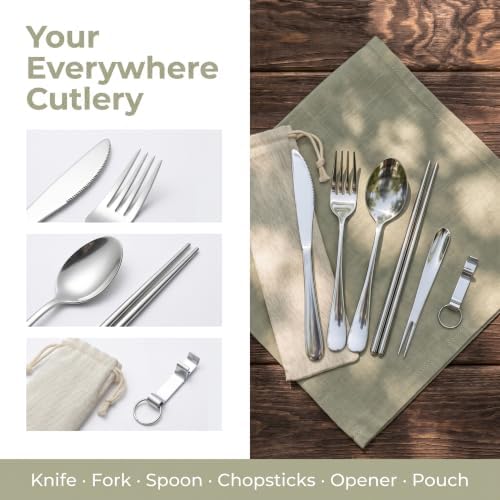 6 Pcs Portable Utensils Set Case Stainless Steel Travel Cutlery Flatware - Image 4