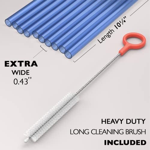 Fiesta First 10 EXTRA WIDE Long Reusable Hard Plastic Drinking Straws + Cleaning Brush - Fat Thick Large Jumbo Straws for Smoothies and Milkshakes - Blue - Dishwasher Safe BPA Free - Image 2