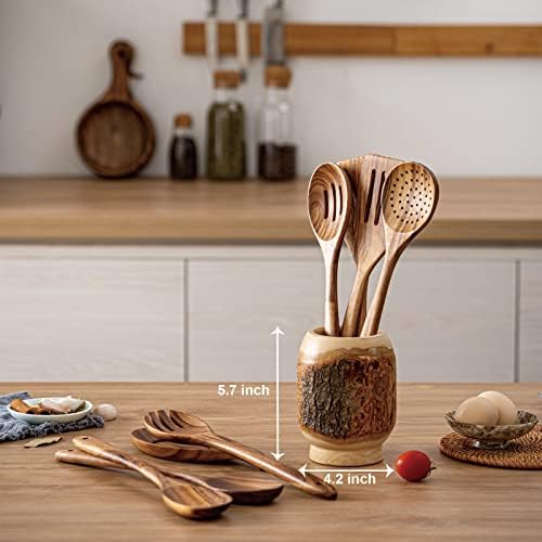 Gudamaye 13 inch Long Wooden Spoons for Cooking,Wooden Utensils for Cooking with Utensils Holder,9 PCES Wooden Kitchen Utensils Set with Utensils Holder and Spoon Rest,Natural Teak Wooden Spoons Set - Image 3