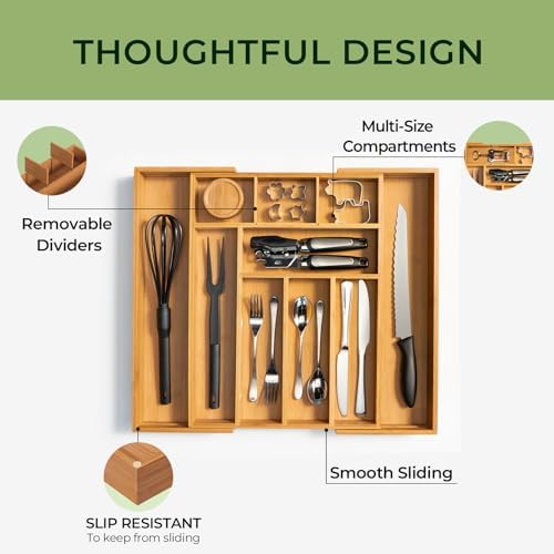 keechee Carbonized Bamboo Kitchen Drawer Organizer, 10 Slots Expandable Silverware Organizer, Utensil Holder & Cutlery Tray, 2.2" Deep for Extra Capacity, Non-Slip Feet Included - Image 6