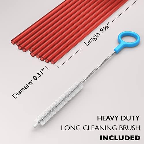 Fiesta First 10 Long Reusable Hard Red Plastic Drinking Straws, Medium Width + Sturdy Cleaning Brush - for Tumblers, Mason Jars, Smoothies and Milkshakes - Dishwasher Safe BPA Free - Image 2