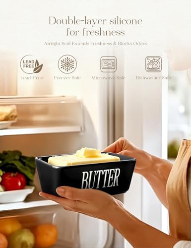 Ceramic Butter Dish with Lid and Knife & Silicone Seal for Countertop Black - Image 3