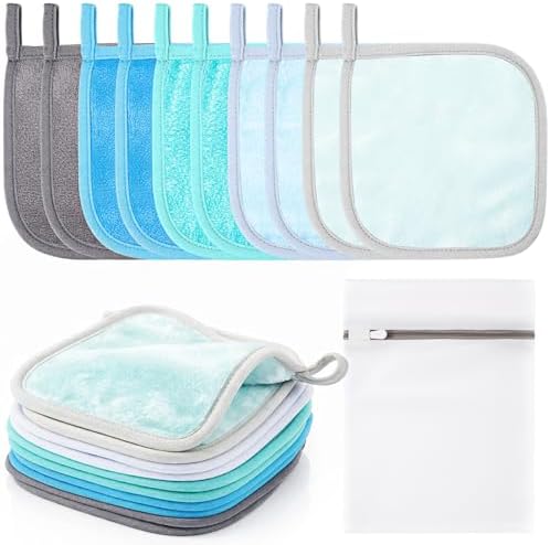 VitalCozy 10 Pack Makeup Remover Cloths, Makeup Remover Towels Reusable Face Cloth Eraser for Washing Face Microfiber Washcloth for Women Cleansing Just Water with Mesh Bag(Blue Colors) by VitalCozy