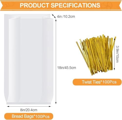 vivinin 100 Pack Bread Bags & 100 Pack Ties, 8" x 4" x 18" Clear Bread Bags for Homemade Bread, Reusable Plastic Bread Storage Bags for Bakers, Bakery Owners - Image 2