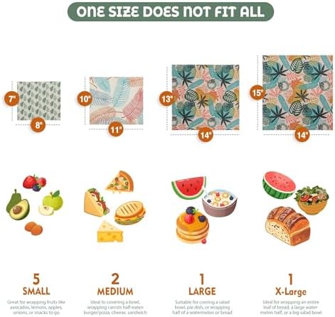 Akeeko Reusable Beeswax Food Wraps - Assorted 9 Packs, Reusable, Plastic-Free Food Storage, 5 Small, 2 Medium, 1 Large Wraps, 1 Extra Large with Tropical Leave Pattern - Image 2