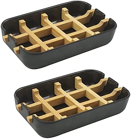 2 Pack Bamboo Soap Dish, Self-Draining Hand Soap Box, Wooden Bamboo Bar Soap Holder for Shower, Bathroom, Kitchen, Bathtub, Bar Sink (Black) by HengLiSam