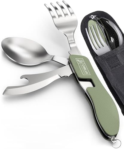 Orblue 4-in-1 Camping Eating Utensils, 2-Pack - Portable Spoon, Fork, Knife & Bottle Opener Combo Set - Stainless Steel Flatware with Detachable Fork - Backpacking Cutlery Multitool, Olive Green by Orblue