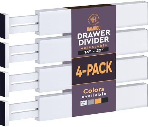 4-Pack Drawer Divider - 2.6" High, 16" to 22" Adjustable Bamboo Drawer Organizers for Clothes, Expandable Dresser Separators in Bedroom/Bathroom/Kitchen/Office Organization and Storage (White) by Bamb%C3%BCsi