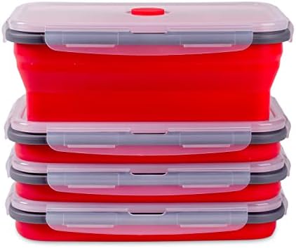 Collapsible Food Storage Containers with Airtight Lid & Air Vent, 40.5 oz, Kitchen Stacking Silicone Collapsible Meal Prep Container Set for Leftover, Microwave Freezer Dishwasher Safe, Red, Set of 4 by Annaklin
