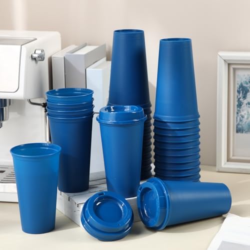 Honeydak 45 Pack 16 oz Reusable Coffee Cups with Lids Water Bottle Iced Coffee Travel Mug Reusable Portable Plastic Tea Tumblers Bulk for Hot and Cold Drinks Birthdays Party(Classic,Dark Blue) - Image 6