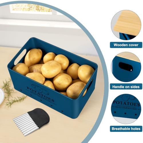 Kitchen Vegetable Storage Set of 3, Metal Onion Garlic Potato Storage Set, Kitchen Canisters Vegetable Keeper Containers with Aerating Holes and Bamboo Lid,Dark Blue - Image 3