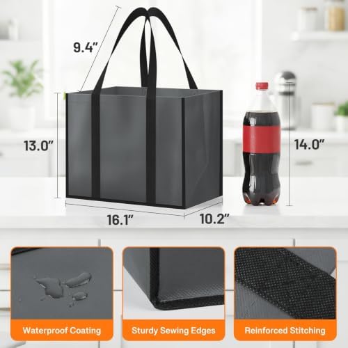 WISELIFE Reusable Grocery Bags with Handles, 35L, 3 Pack, Gray & Black - Image 5
