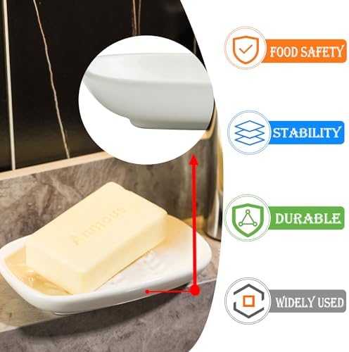Miamolo Soap Dish Soap Holder Shower, Ceramic Soap Dishes for Bar Soap Sponge, Shower Soap Dish Soap Saver Tray for Bathroom Kitchen Sink, Easy to Clean, White (Pack of 2) - Image 3