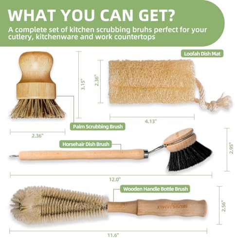 5-Pieces Bamboo Dish Brush Set with Palm Brush, Wooden Handle Dish Scrub Brush, Bottle Scrubber, 2 Loofah Sponge for Dishes, Pans, Bottles, Pots, Vegetables - Image 2