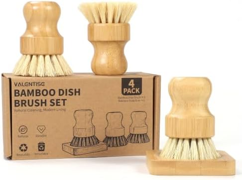 Bamboo Dish Brush Set - 3 Pcs Natural Scrub Brush with Holder, Wooden Dish Scrubber with Sisal Bristle for Cleaning Dishes, Pans and Vegetables by VALENTISE