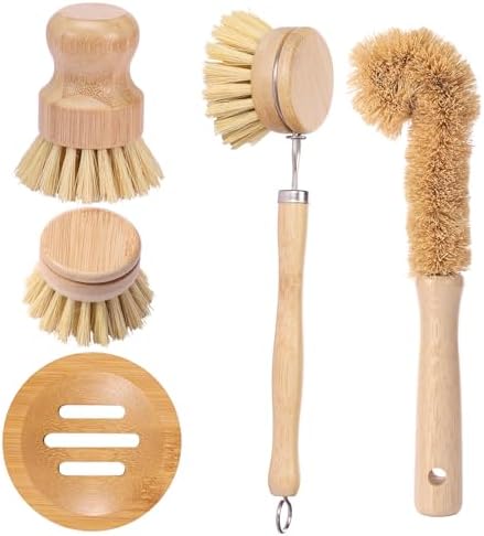 Bamboo Dish Brushes Set Natural Bamboo Dish Scrub Brush Set with Handle Wood Dish Brush Bamboo Dish Scrubber Set for Cast Iron Pan Pot Dish Washing by QENWKXZ