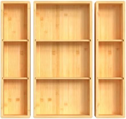 DUJEN Bamboo Drawer Organizer 12.5'' X 12.5'' X 2'', Adjustable 3 Individual Junk Drawer organizer for Bathroom and Kitchen, Wood Drawer Tea Organier Boxes for Silverware, Make up and Tea Bag by DUJEN