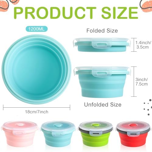 Suclain 4 Pcs Collapsible Bowls with Lids Silicone Camping Food Storage Container Expandable Folding Salad Lunch Box Travel Container for Hiking Camping - Image 2