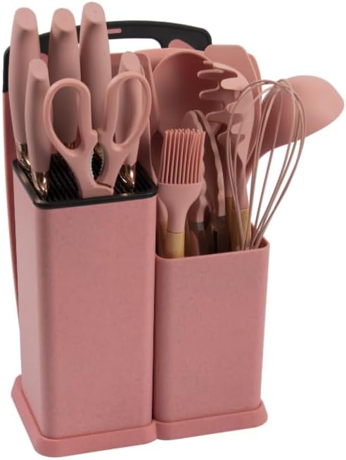 Silicone Kitchen Utensil Set, 19 Piece with Wooden Handles, Cutting Board, Storage Holder, Black Pink Gray Mint Green, Cooking Tools with Organizer (Rose) by Unknown