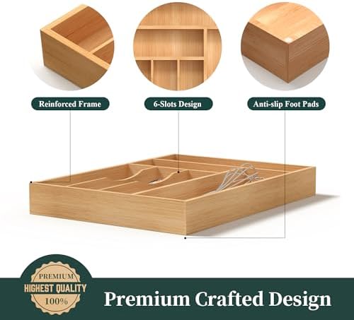 Bamboo Silverware Organizer, Kitchen Drawer Organizer, Utensil Holder, Cutlery Tray & Spoon Flatware Storage with Grooved Drawer Dividers (12''W x 16.5''D) - Image 6