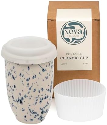 NOVA CERAMICS Travel Mug - Travel Size Mug – Reusable Coffee Mug Unique to Go Mug – Microwave & Dishwasher Safe Coffee White & Blue Tumbler - Gifts for Women Men Him Her – 12oz – Orchid by NovaCeramics