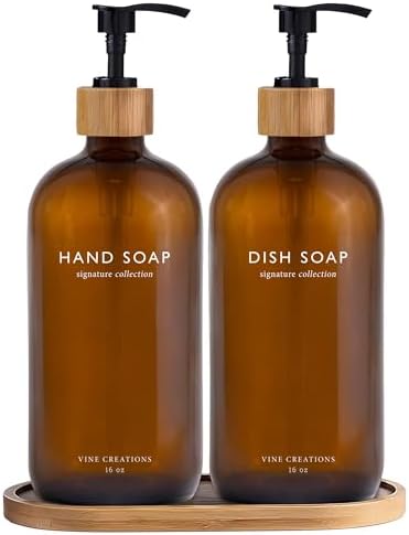 Vine Creations Amber Glass Soap Dispenser Set, Hand Soap and Dish Soap Dispenser Set with Bamboo Tray, 16 oz Glass Dispensers Bottle for Kitchen and Bathroom Decor Modern Boho with Bamboo Pump (Amber) by VineCreations