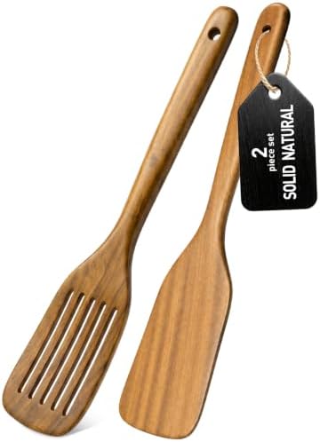 Wooden Spoons for Cooking, 2-Piece Teak Wood Kitchen Utensil Set, Nonstick Safe Wooden Spatulas, Smooth Heat-Friendly Cooking Utensils for Everyday Meals (A02) by WOTTISH