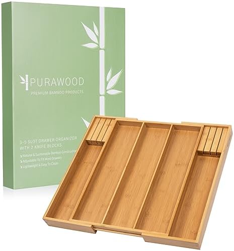 Purawood Kitchen Drawer Organizer with Knife Blocks - Utensil Drawer Organizer for Kitchen, Cutlery Tray & Silverware Organizer, 3-5 Slots - Bamboo Organizer for Utensils & Flatware (Natural) - Image 2