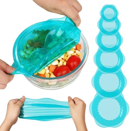 Silicone Stretch Lids for Food Storage in Fridge, Reusable Elastic Bowl Covers for Cup, Cans, Jars, Round & Rectangle Container, Food Grade Silicone Microwave Food Cover, Heat-Resistant, Blue, 6PCS by ROTTOGOON