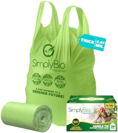 Simply Bio 13 Gallon Compostable Trash Bags Liners with Handle-Tie, Thick 0.87 Mil, 49.21 Liter, 30 Bags, Tall Kitchen Food Scrap Waste Bag, ASTM D6400, US BPI and OK Compost Home Certified by SimplyBio