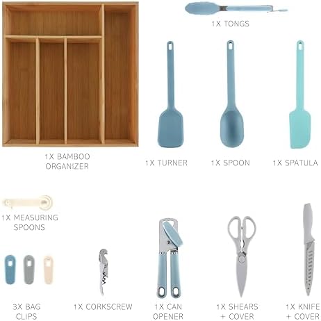 COOK WITH COLOR Bamboo Kitchen Utensil Set with Drawer Organizer | Cooking Tools and Storage Caddy, Blue, 18 Piece Gadget Set - Image 2