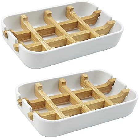 2 Pack Bamboo Soap Dish, Self-Draining Soap Box, Wooden Bamboo Bar Soap Holder for Shower, Bathroom, Kitchen, Bathtub, Bar Sink (White) by HengLiSam